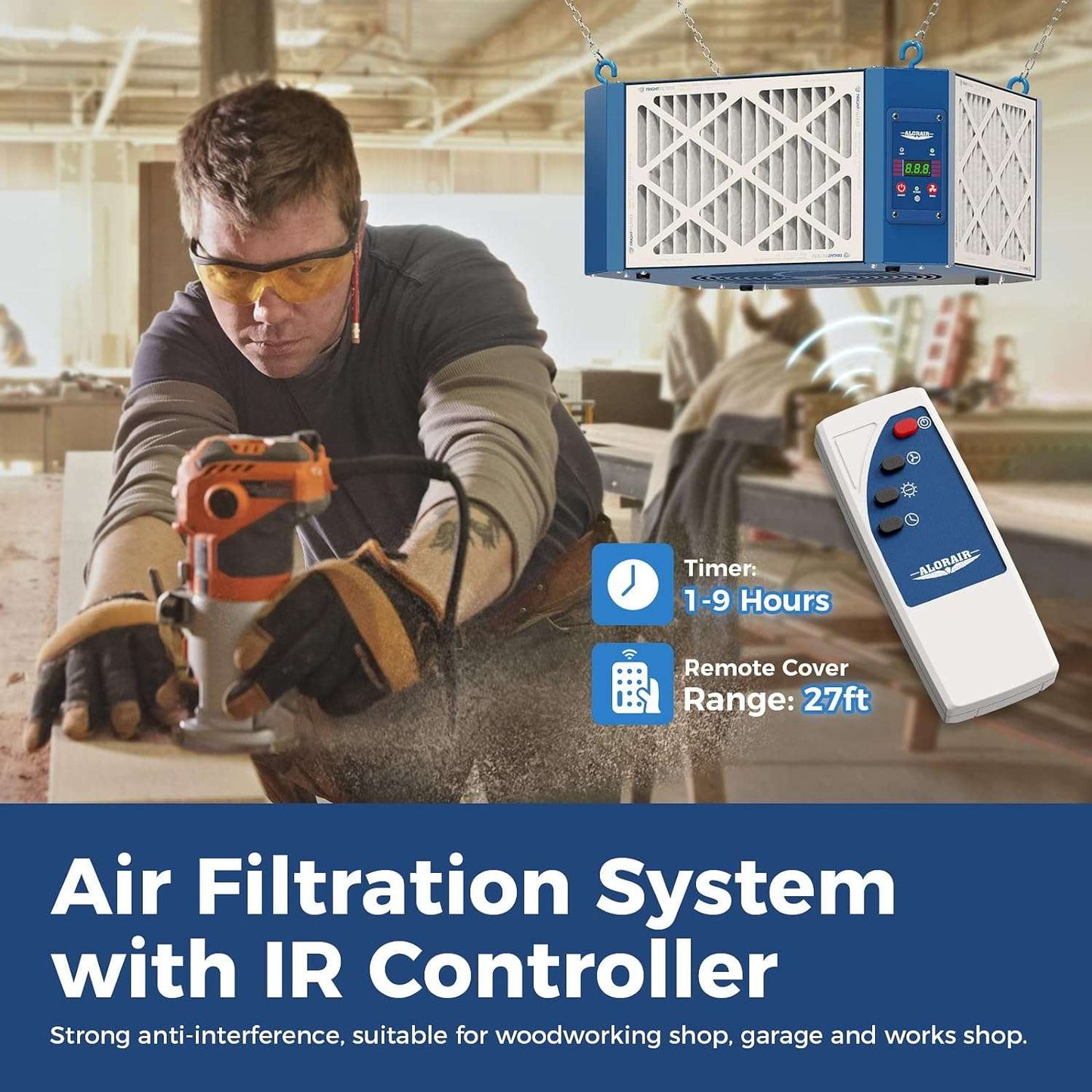 AlorAir 1350 CFM Air Filtration System Woodworking, 360 Degree Intake with Strong Vortex Fan