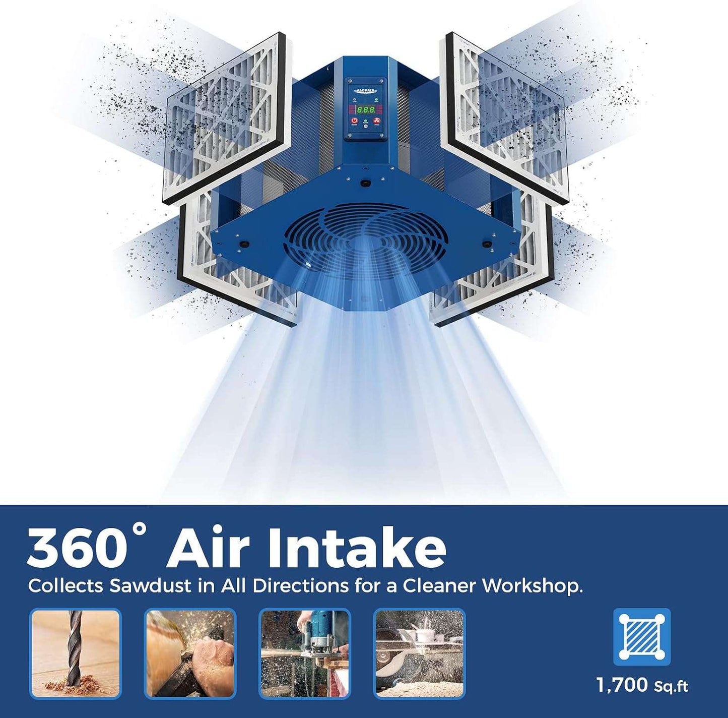 AlorAir 1350 CFM Air Filtration System Woodworking, 360 Degree Intake with Strong Vortex Fan