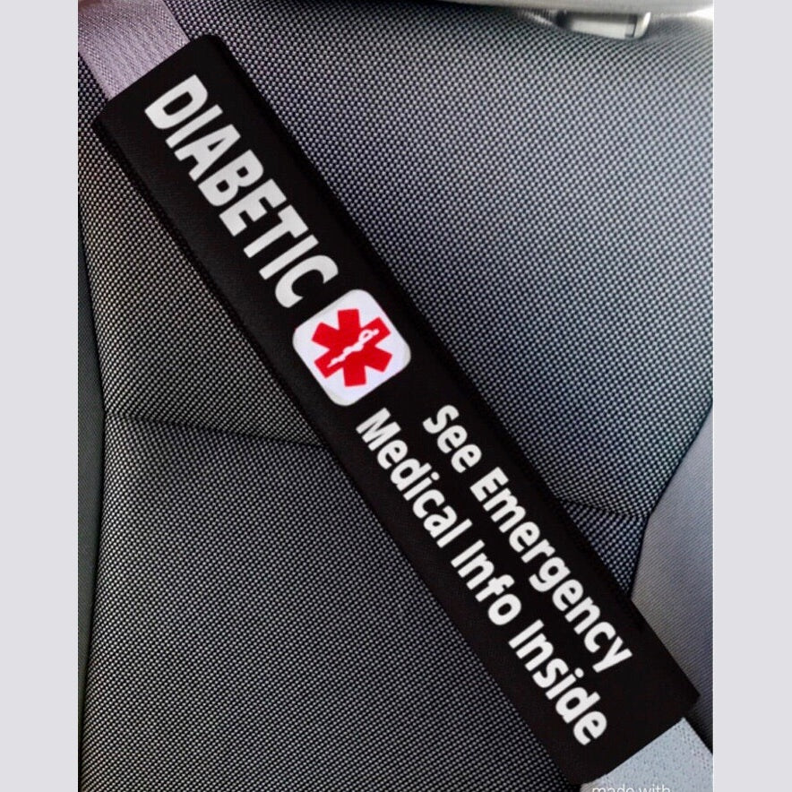 Diabetic - Type 2 - Medical Alert Seat Belt Cover - Inside Pocket - Medical Info Sheet