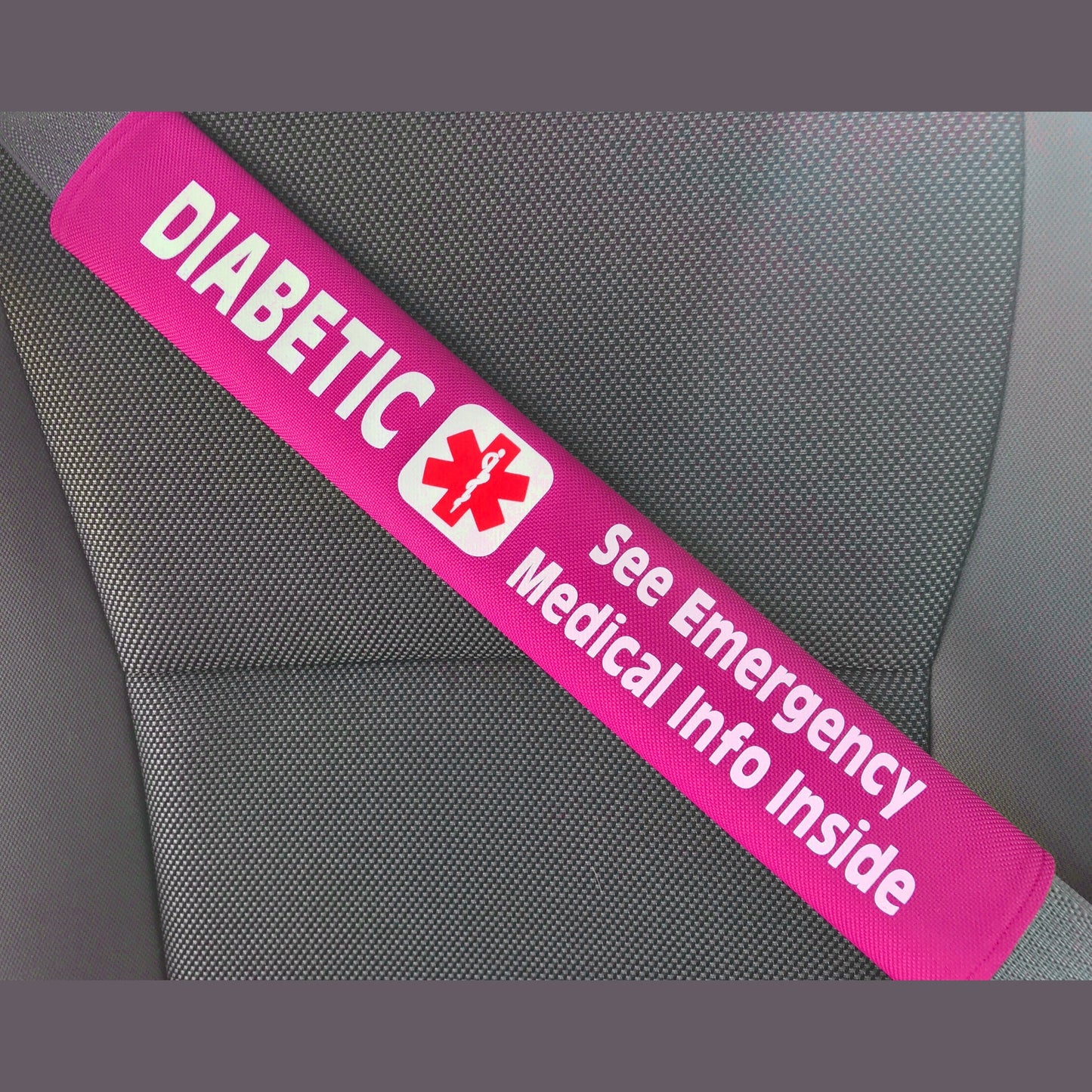 Diabetic - Type 2 - Medical Alert Seat Belt Cover - Inside Pocket - Medical Info Sheet