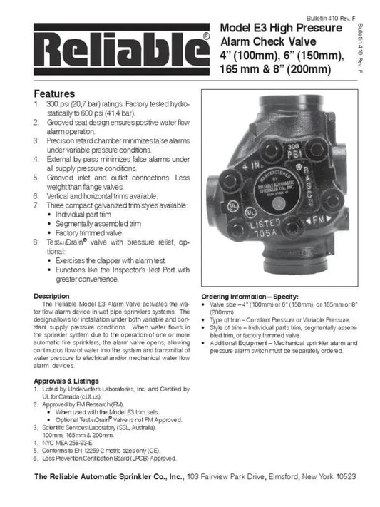 Reliable E3 Fire Alarm Valve & Trim - Water Flow Detection