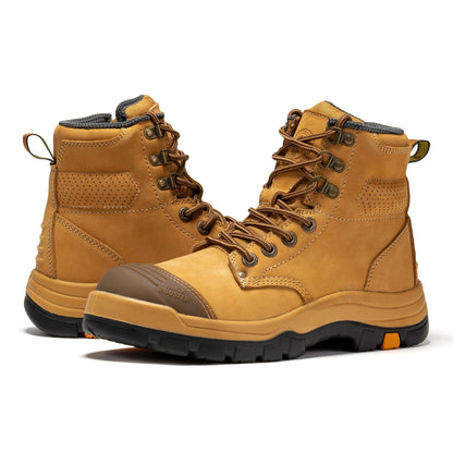 ROCKROOSTER Madison Tan 6 inch Zip-sided Steel Toe Leather Work Boots AK052