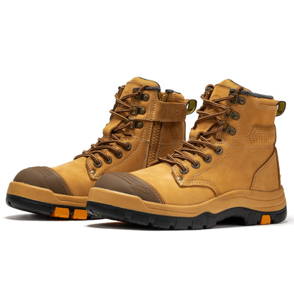 ROCKROOSTER Madison Tan 6 inch Zip-sided Steel Toe Leather Work Boots AK052