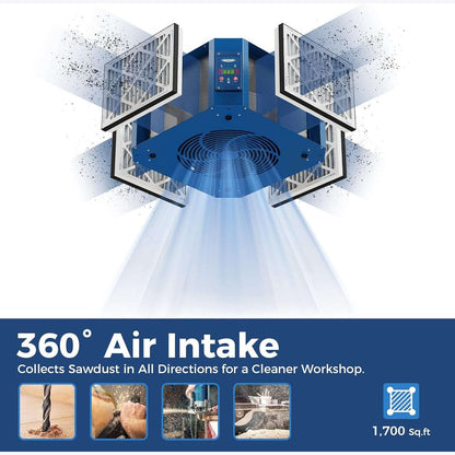 AlorAir 1350 CFM Air Filtration System Woodworking, 360 Degree Intake with Strong Vortex Fan
