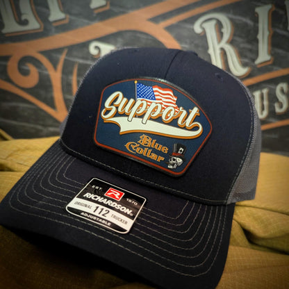 Support Blue Collar Hat | Leather Patch American Flag Design
