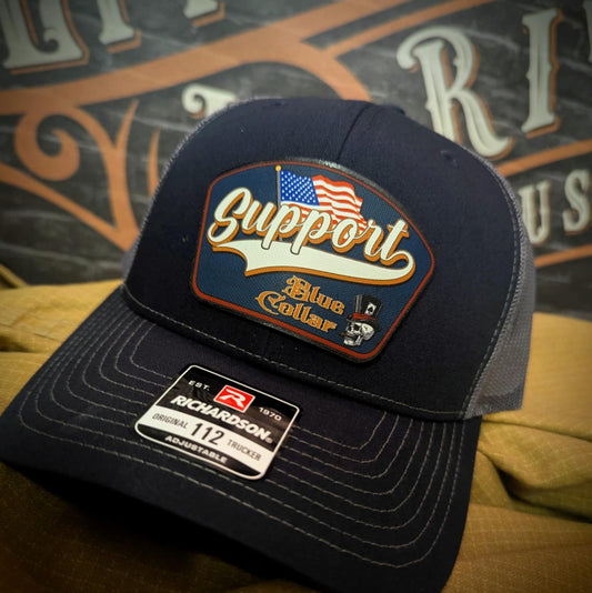 Support Blue Collar Hat | Leather Patch American Flag Design