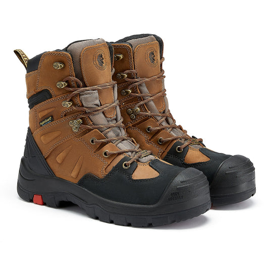 ROCKROOSTER Woodland Men's 8 inch Brown Work Boots, Composite Toe, Slip Resistant, Electrical Hazard Protection, Rubber outsole AK869
