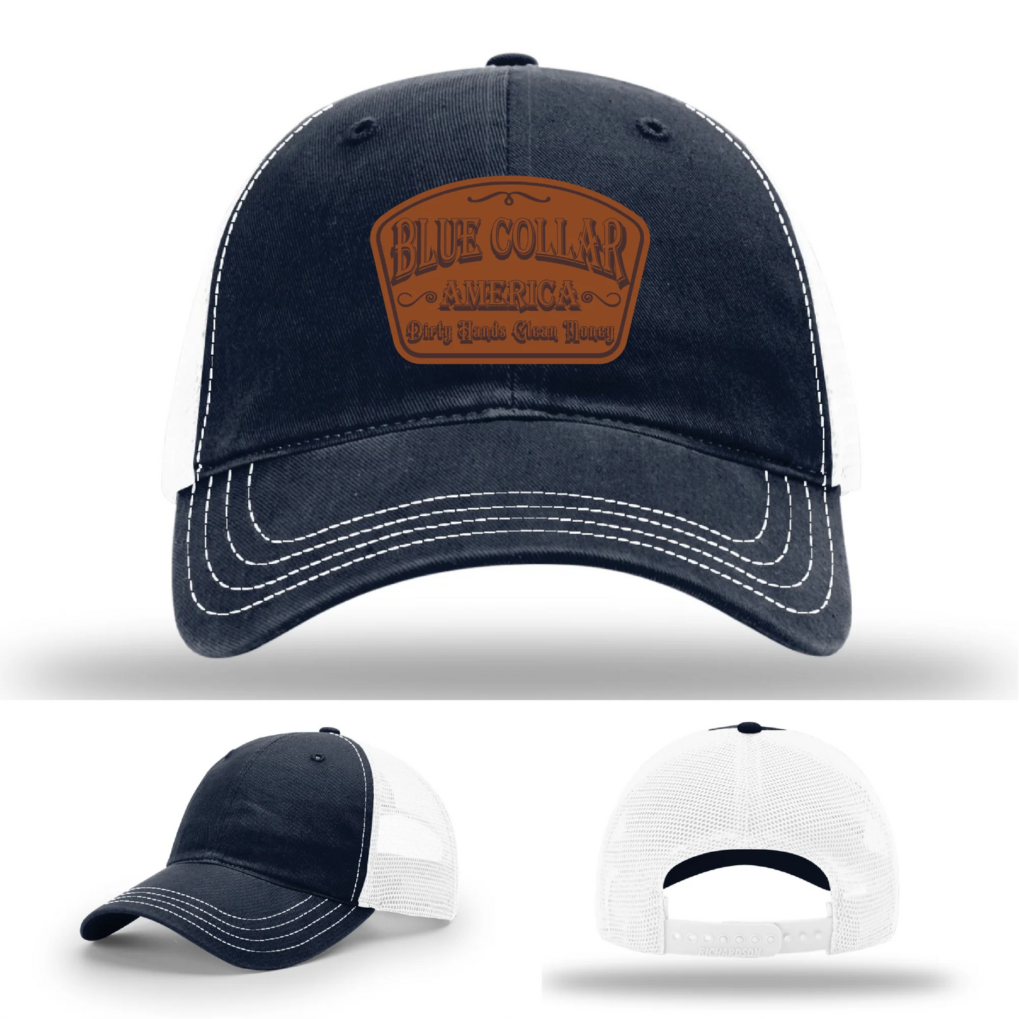 Dirty Hands Clean Money Hat | Blue Collar Leather Patch Design