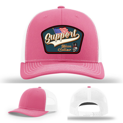 Support Blue Collar Hat | Leather Patch American Flag Design