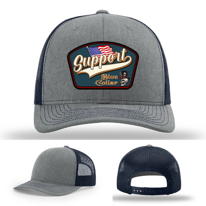 Support Blue Collar Hat | Leather Patch American Flag Design