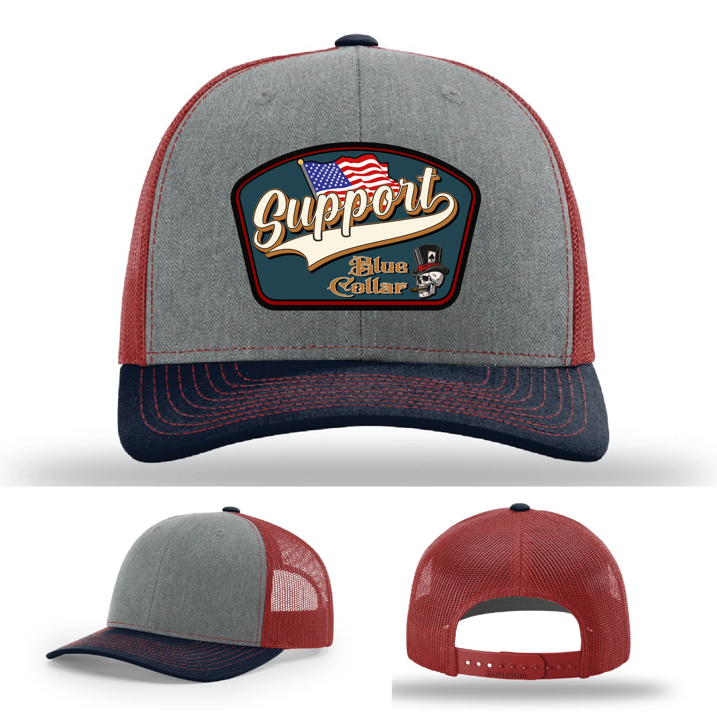 Support Blue Collar Hat | Leather Patch American Flag Design