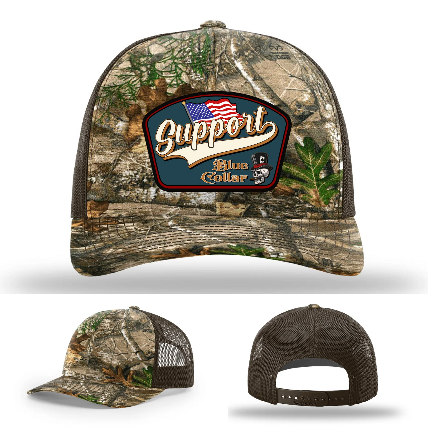 Support Blue Collar Hat | Leather Patch American Flag Design