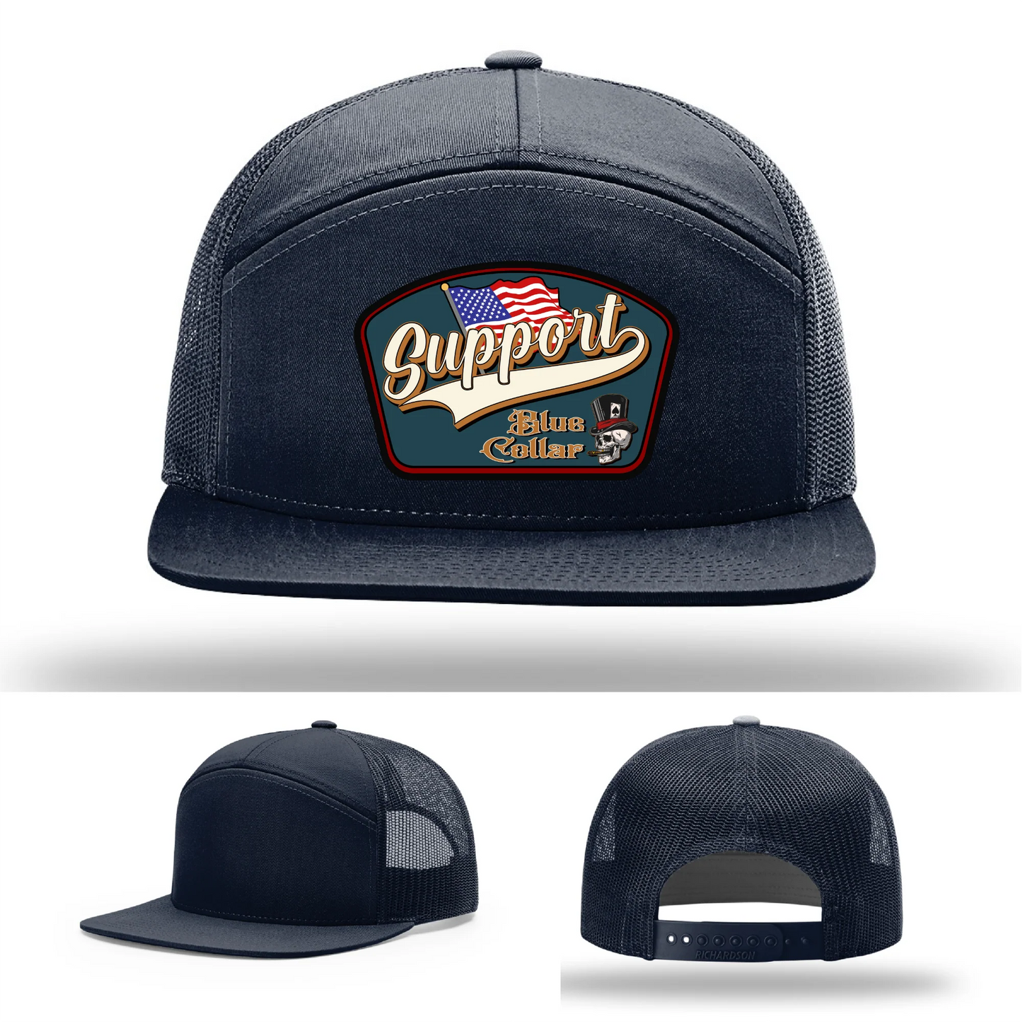 Support Blue Collar Hat | Leather Patch American Flag Design
