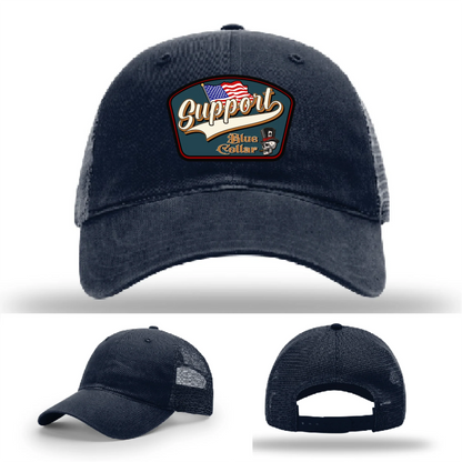 Support Blue Collar Hat | Leather Patch American Flag Design