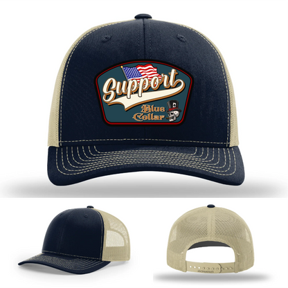 Support Blue Collar Hat | Leather Patch American Flag Design
