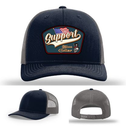 Support Blue Collar Hat | Leather Patch American Flag Design