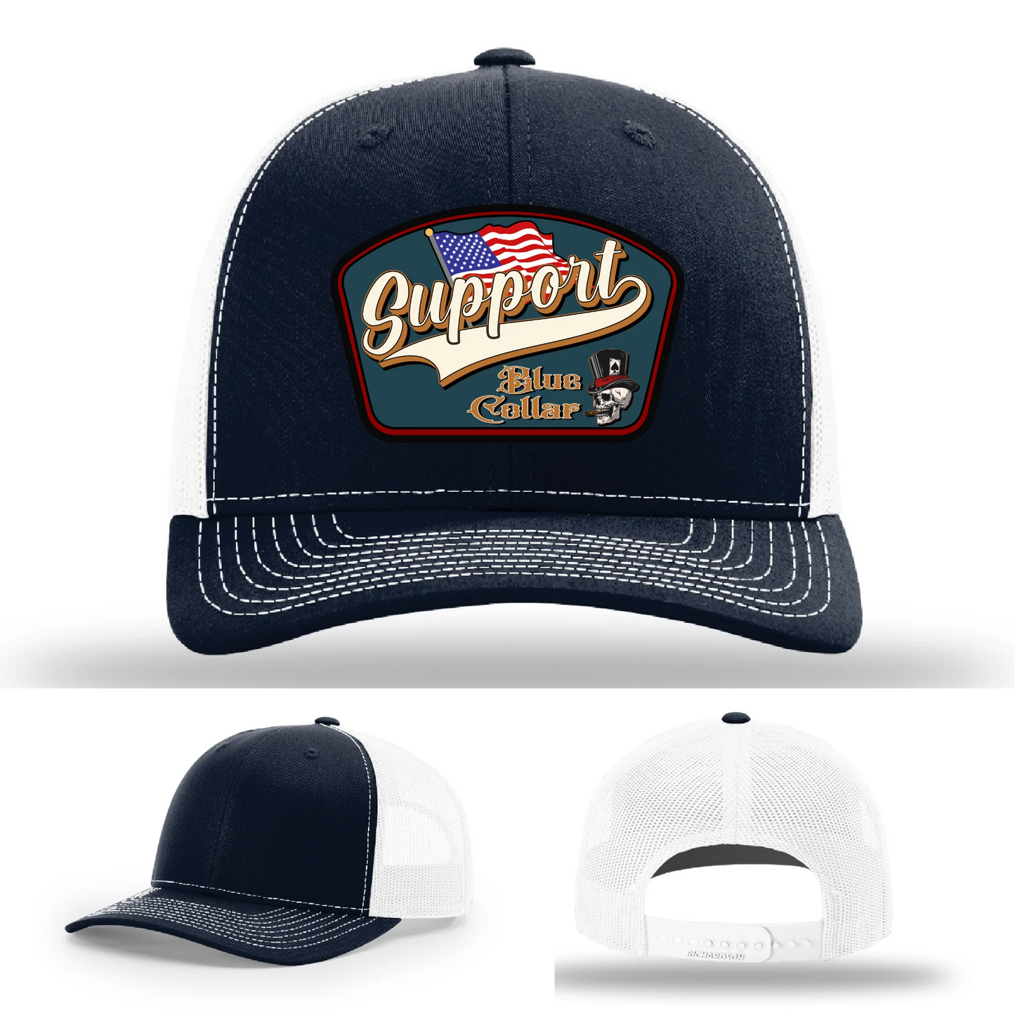 Support Blue Collar Hat | Leather Patch American Flag Design