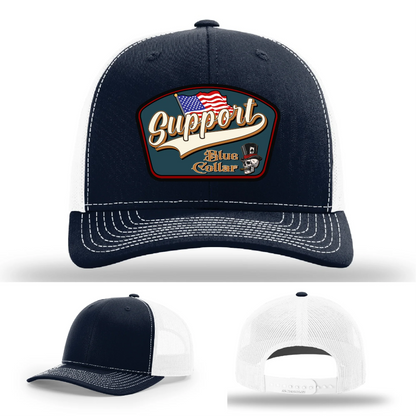 Support Blue Collar Hat | Leather Patch American Flag Design