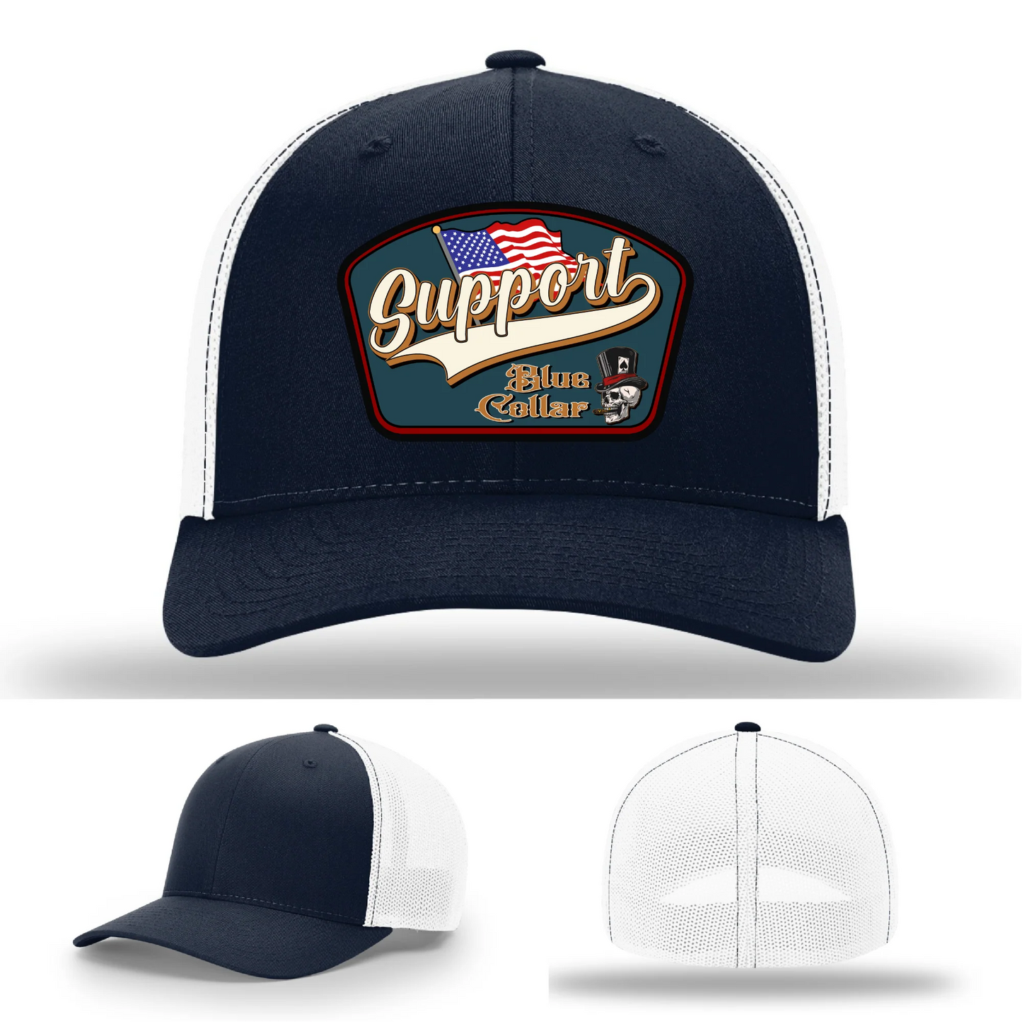 Support Blue Collar Hat | Leather Patch American Flag Design