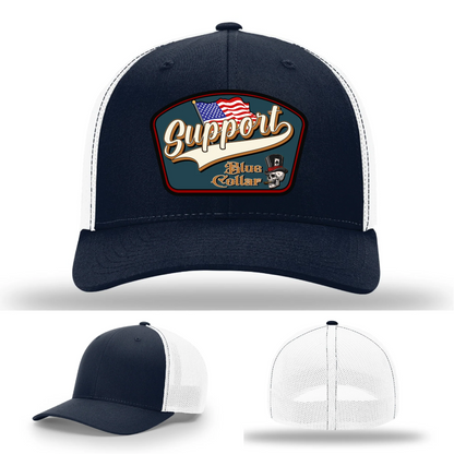 Support Blue Collar Hat | Leather Patch American Flag Design