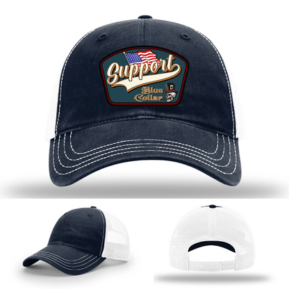Support Blue Collar Hat | Leather Patch American Flag Design