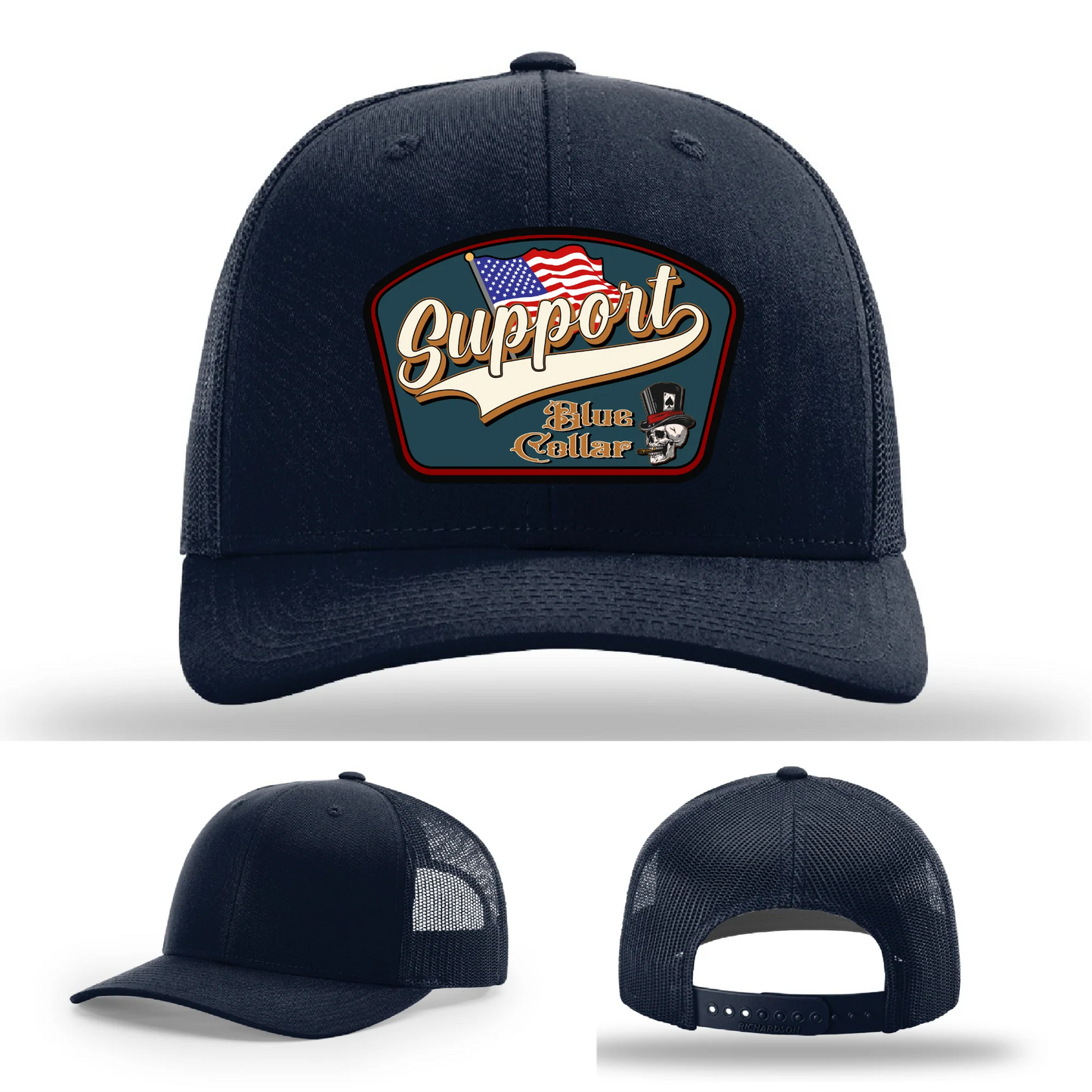 Support Blue Collar Hat | Leather Patch American Flag Design