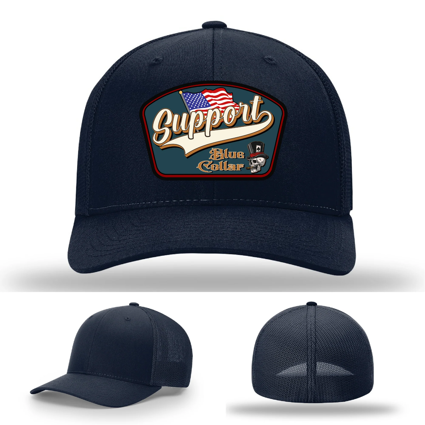 Support Blue Collar Hat | Leather Patch American Flag Design
