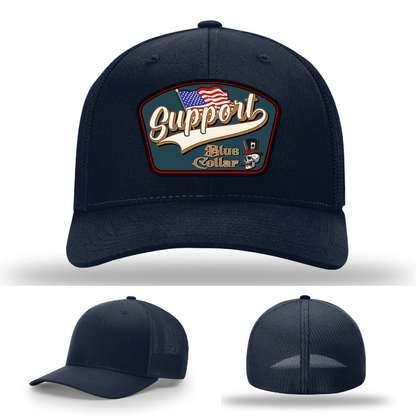 Support Blue Collar Hat | Leather Patch American Flag Design