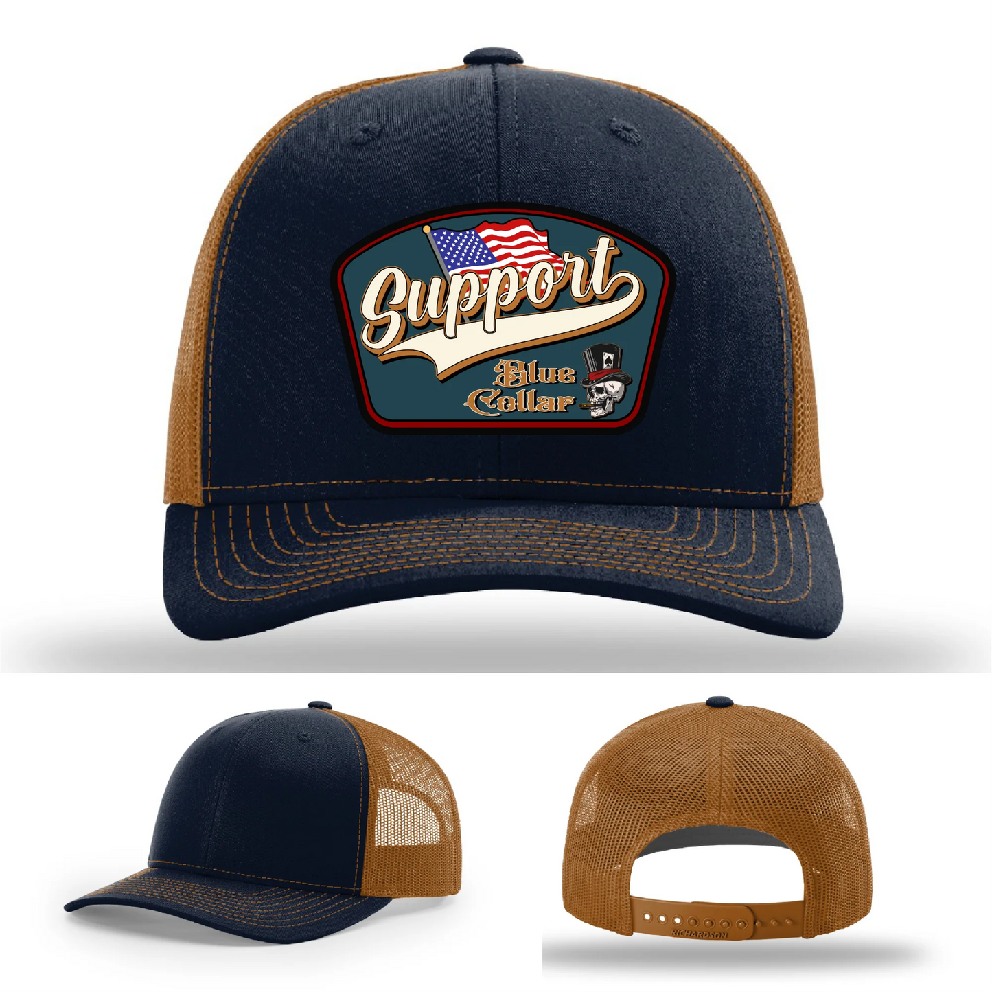 Support Blue Collar Hat | Leather Patch American Flag Design