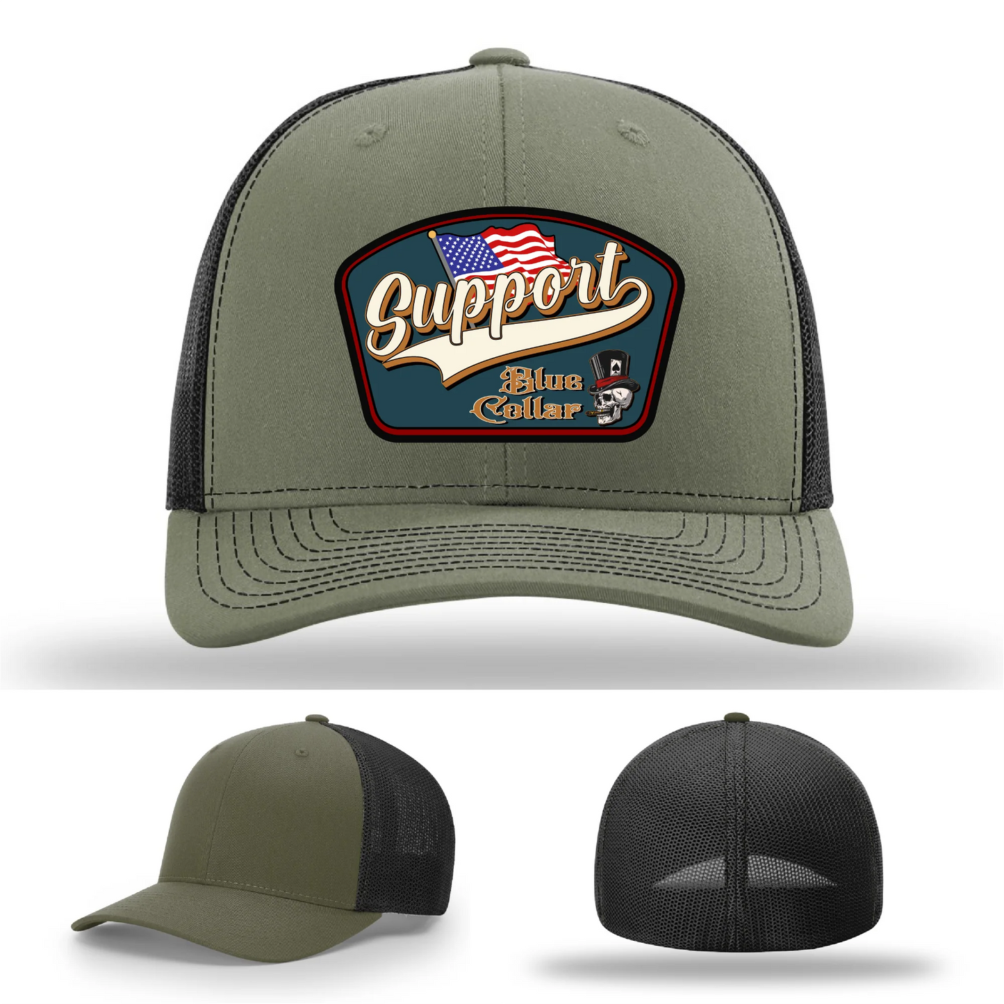 Support Blue Collar Hat | Leather Patch American Flag Design