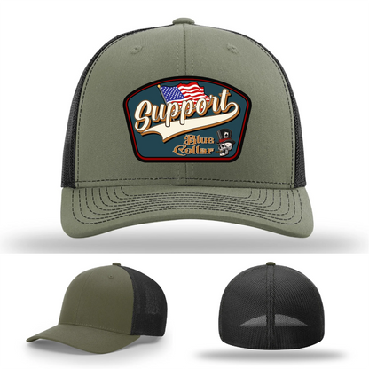 Support Blue Collar Hat | Leather Patch American Flag Design