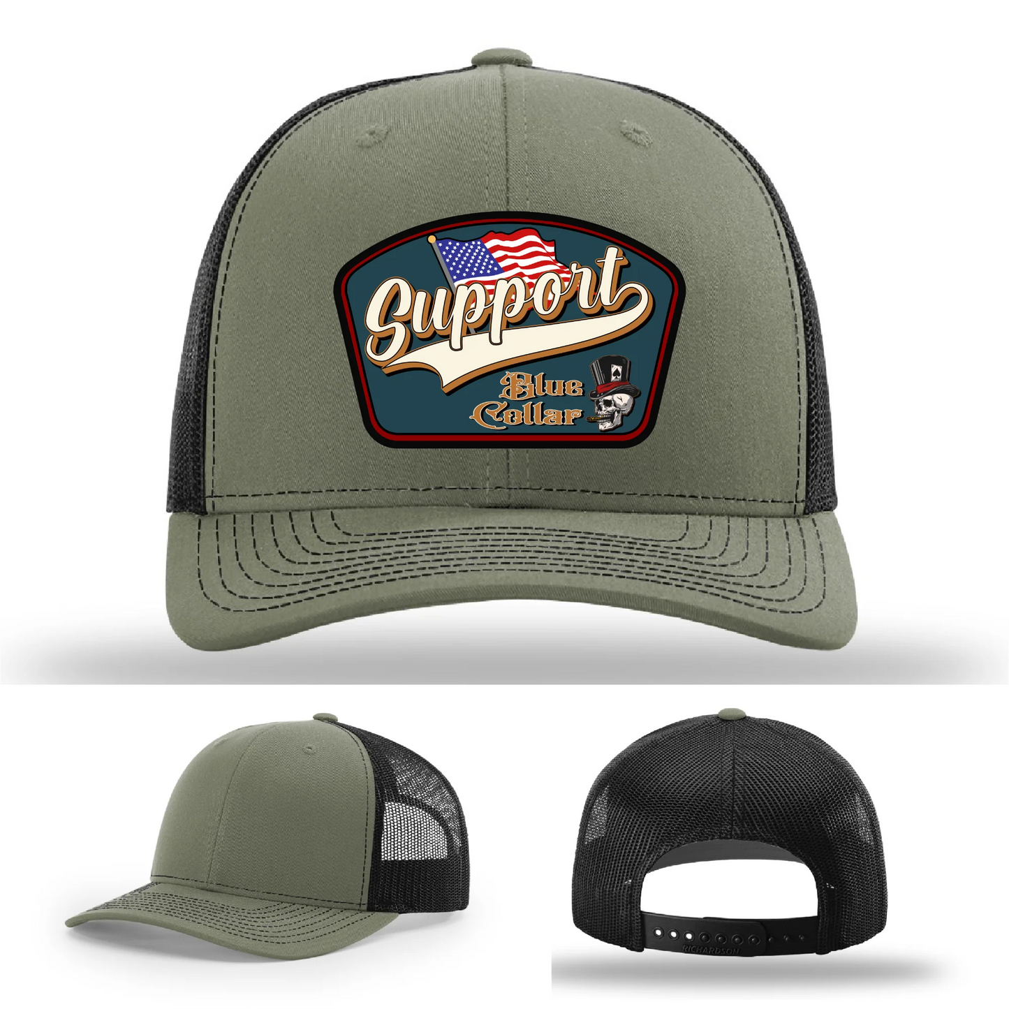 Support Blue Collar Hat | Leather Patch American Flag Design