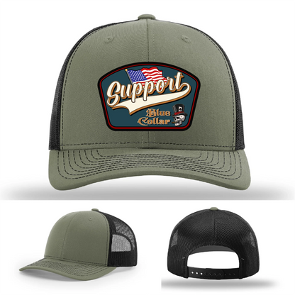 Support Blue Collar Hat | Leather Patch American Flag Design