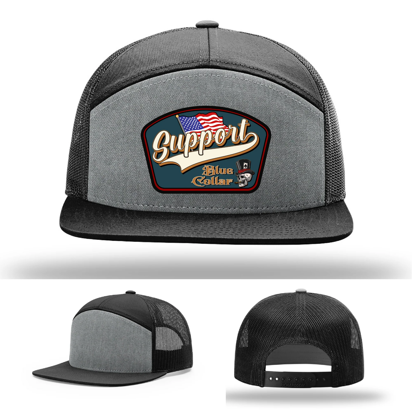 Support Blue Collar Hat | Leather Patch American Flag Design