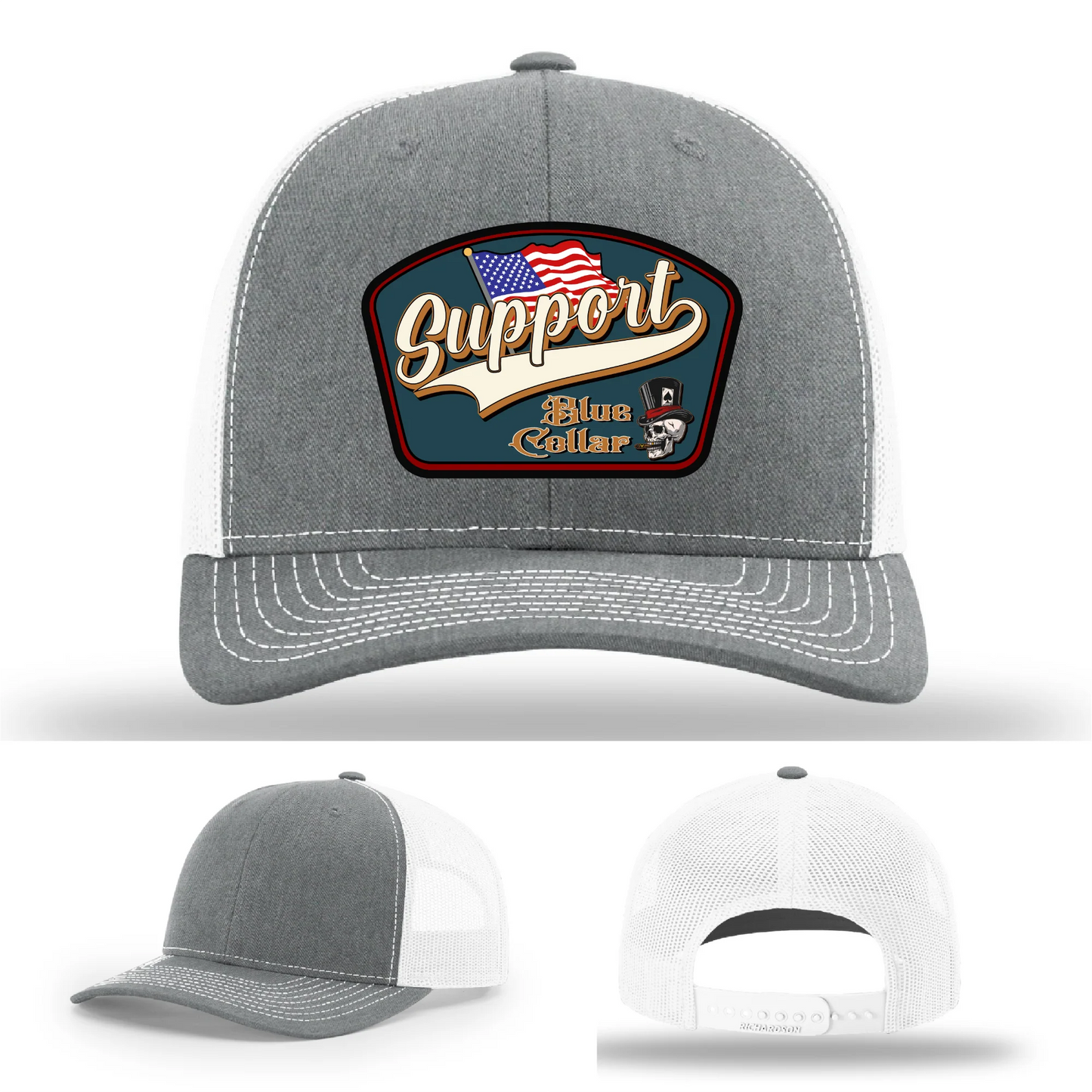 Support Blue Collar Hat | Leather Patch American Flag Design
