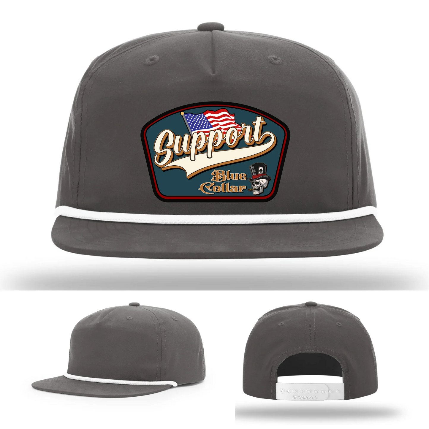 Support Blue Collar Hat | Leather Patch American Flag Design