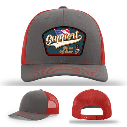 Support Blue Collar Hat | Leather Patch American Flag Design