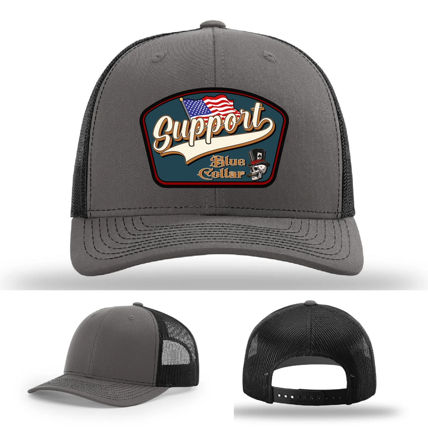 Support Blue Collar Hat | Leather Patch American Flag Design