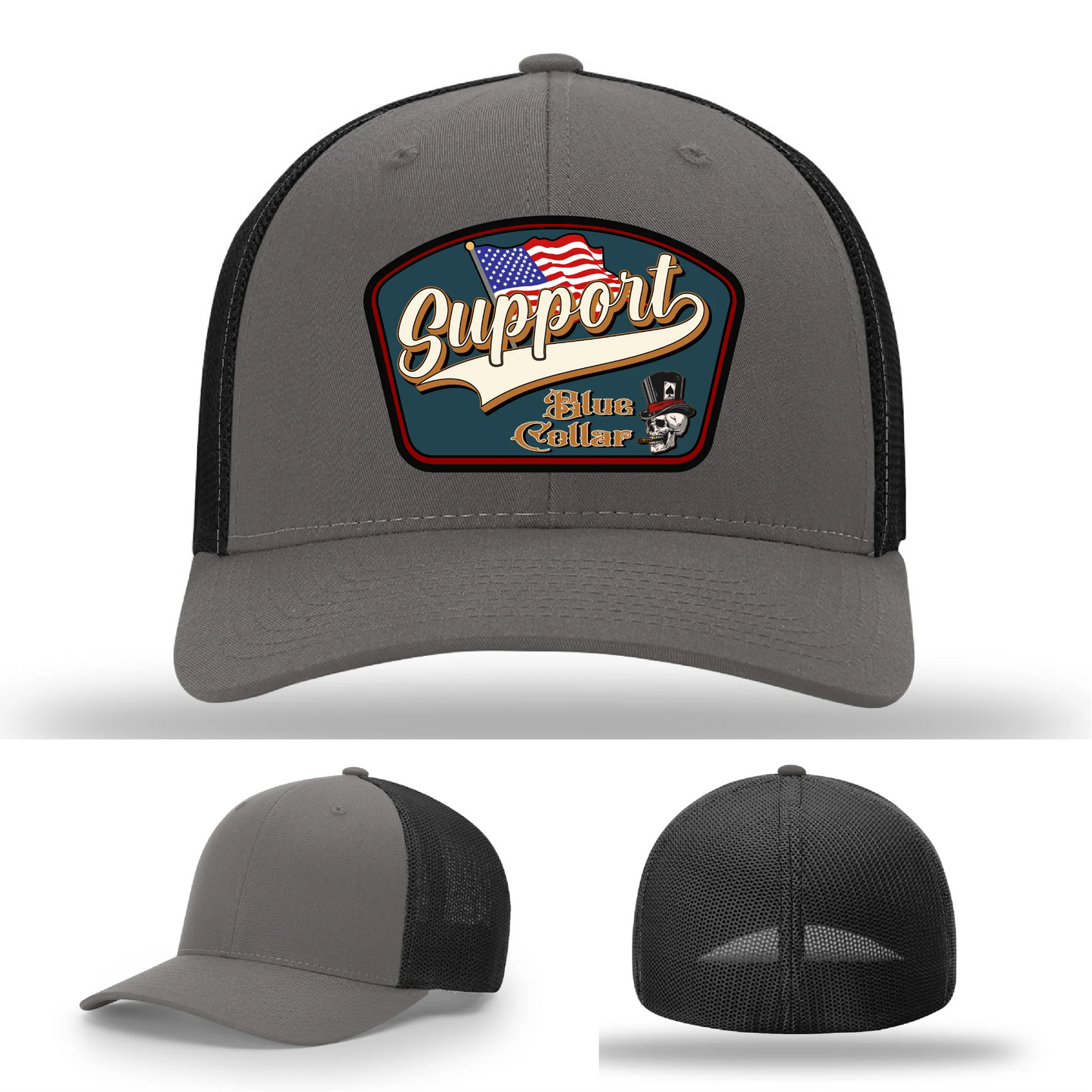 Support Blue Collar Hat | Leather Patch American Flag Design