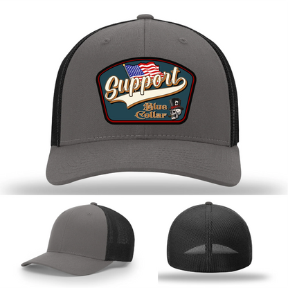 Support Blue Collar Hat | Leather Patch American Flag Design