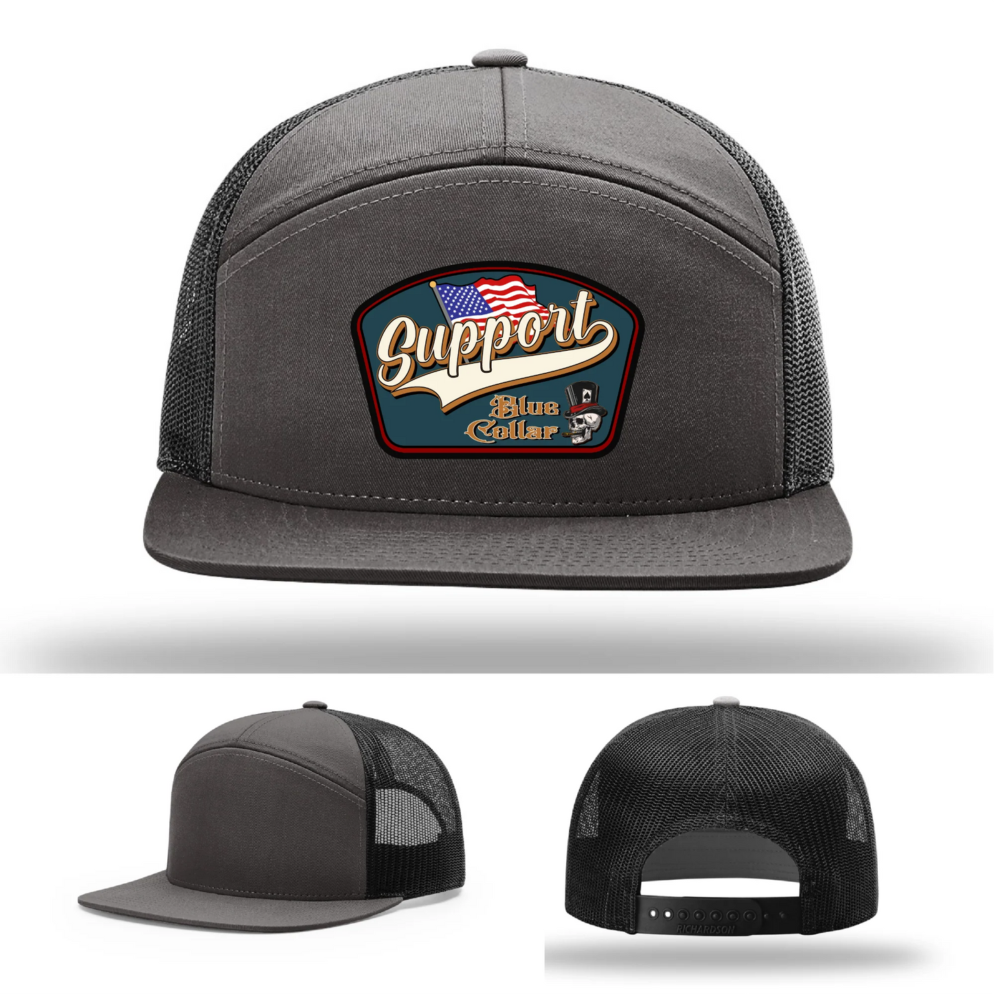 Support Blue Collar Hat | Leather Patch American Flag Design