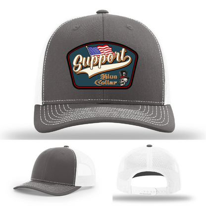 Support Blue Collar Hat | Leather Patch American Flag Design