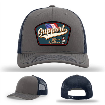 Support Blue Collar Hat | Leather Patch American Flag Design