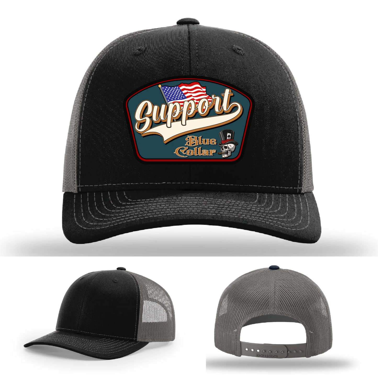 Support Blue Collar Hat | Leather Patch American Flag Design