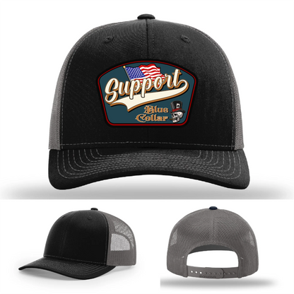 Support Blue Collar Hat | Leather Patch American Flag Design