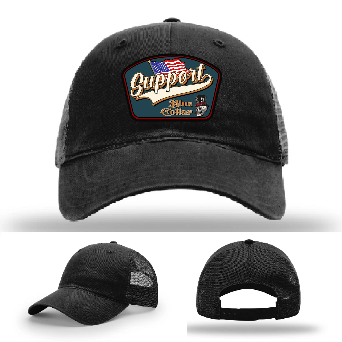 Support Blue Collar Hat | Leather Patch American Flag Design
