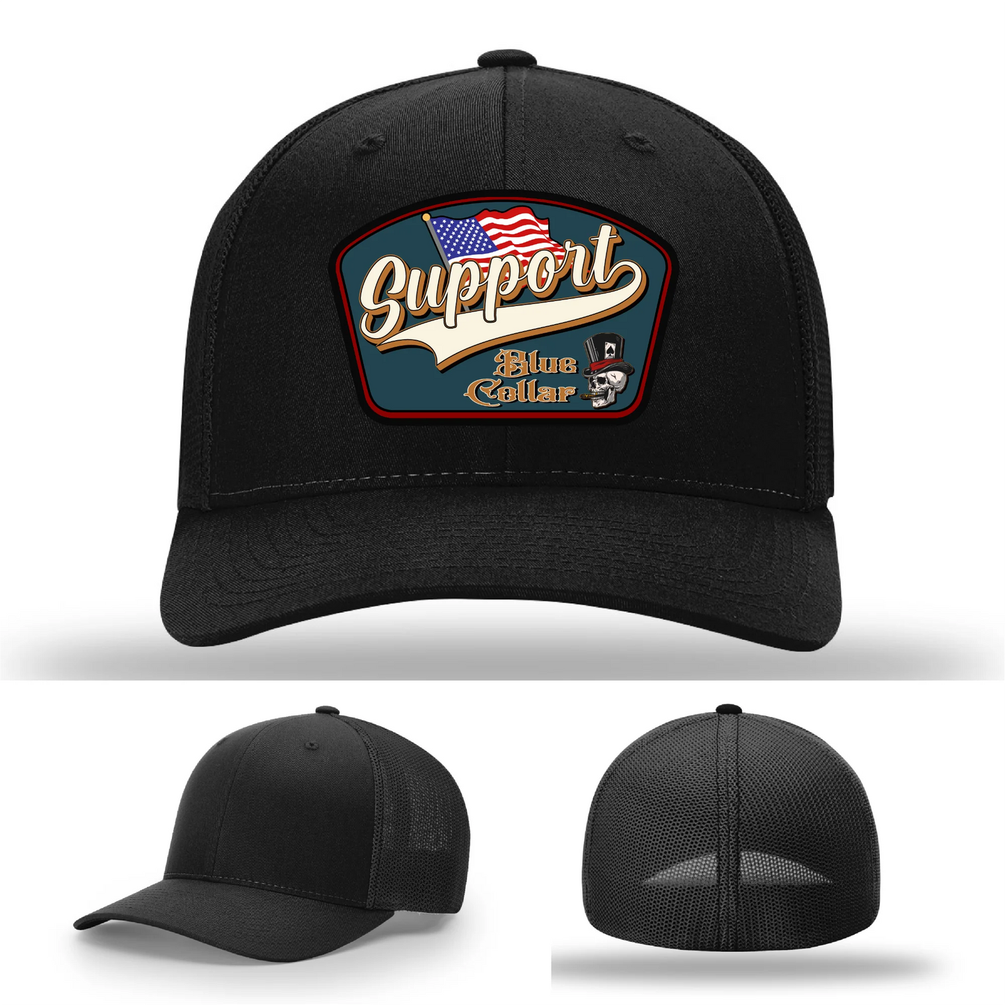 Support Blue Collar Hat | Leather Patch American Flag Design