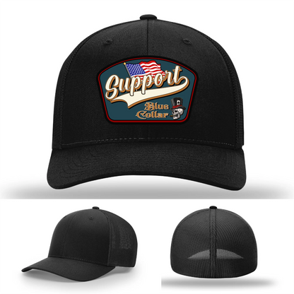 Support Blue Collar Hat | Leather Patch American Flag Design