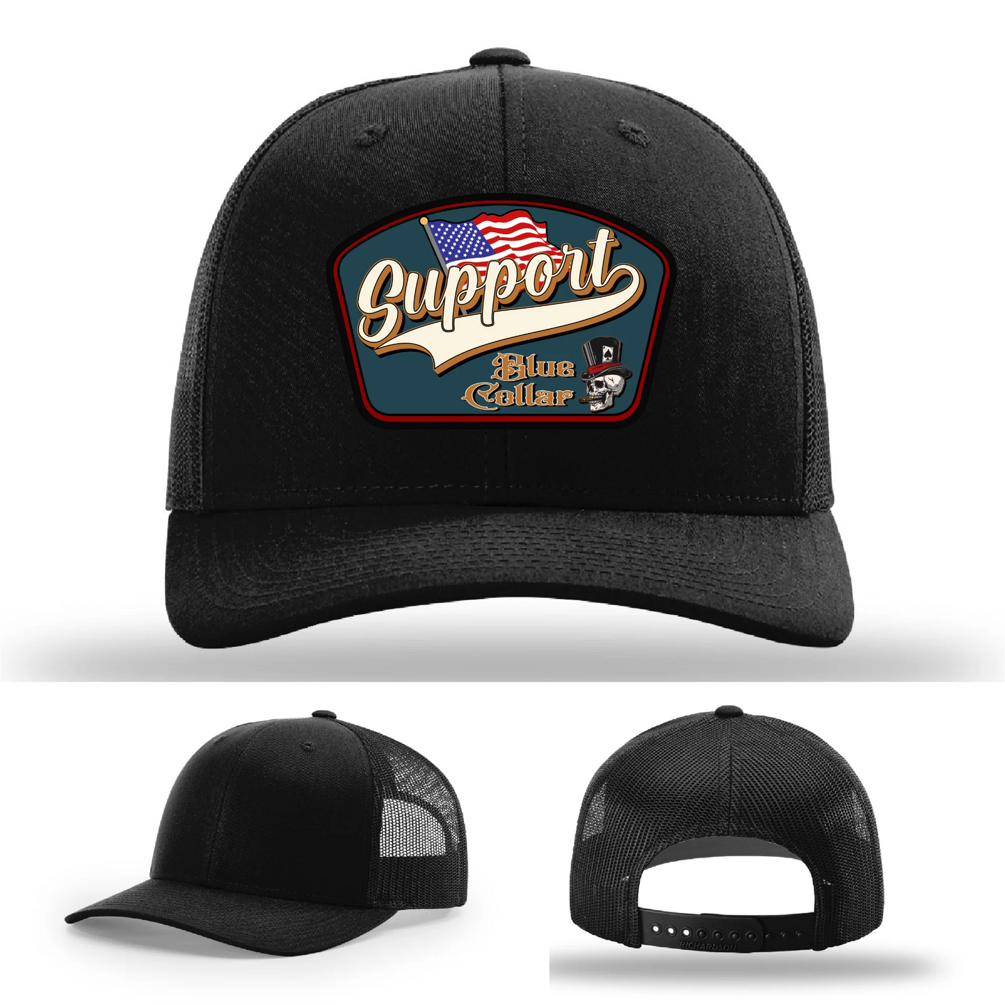 Support Blue Collar Hat | Leather Patch American Flag Design