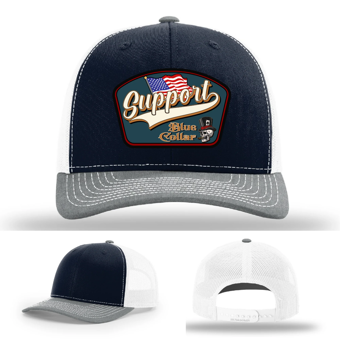 Support Blue Collar Hat | Leather Patch American Flag Design
